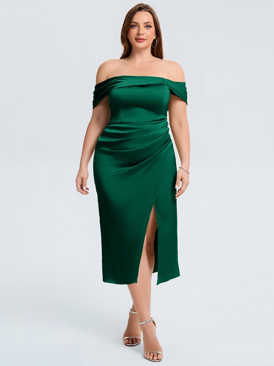 Plus Size Satin Wedding Guest Dress with Slit - Elegant Evening Attire Plus Size Satin Wedding Guest Dress with Slit - Elegant Evening Attire