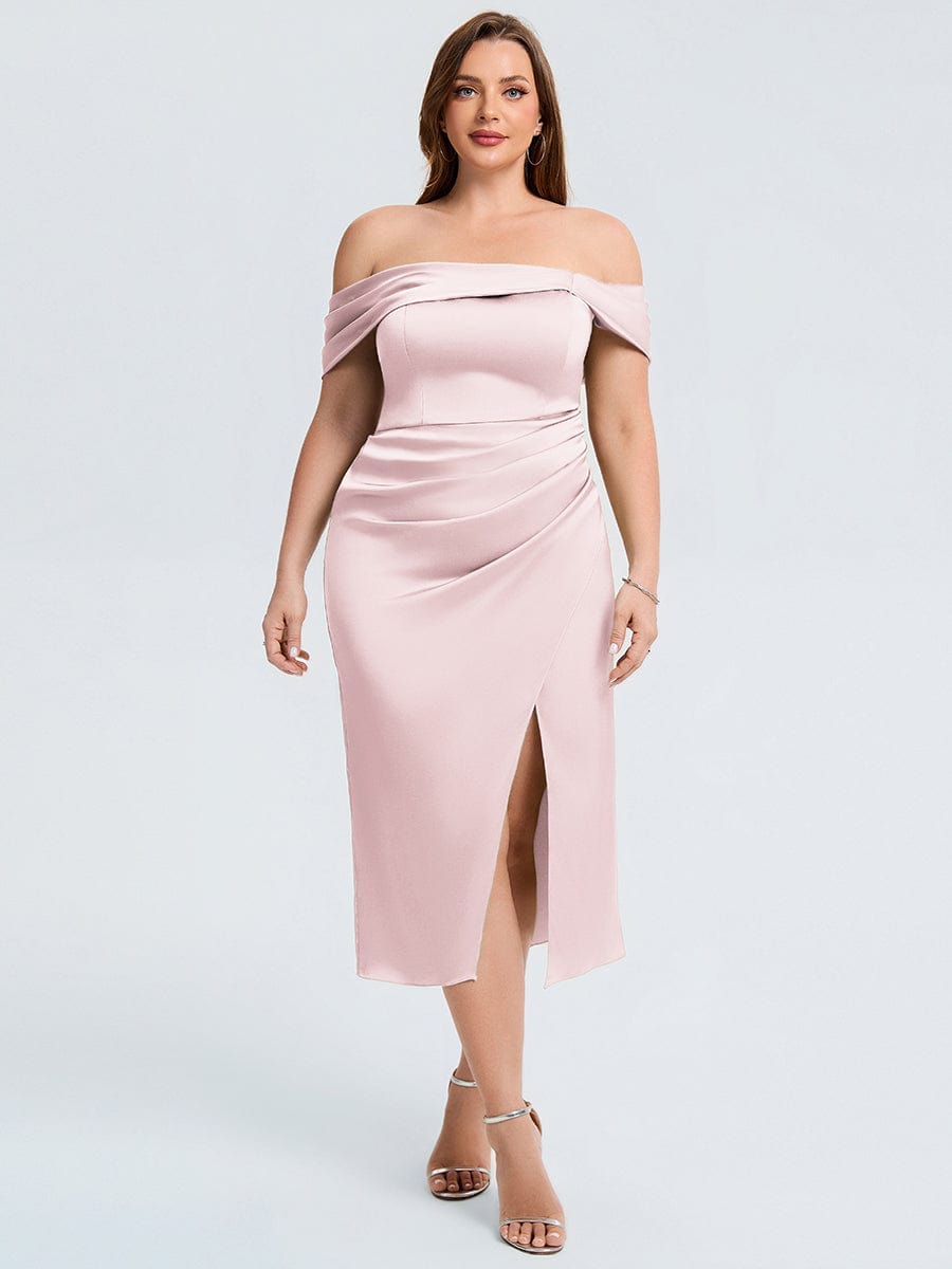 Plus Size Slit Satin Wedding Guest Dress #color_Pink