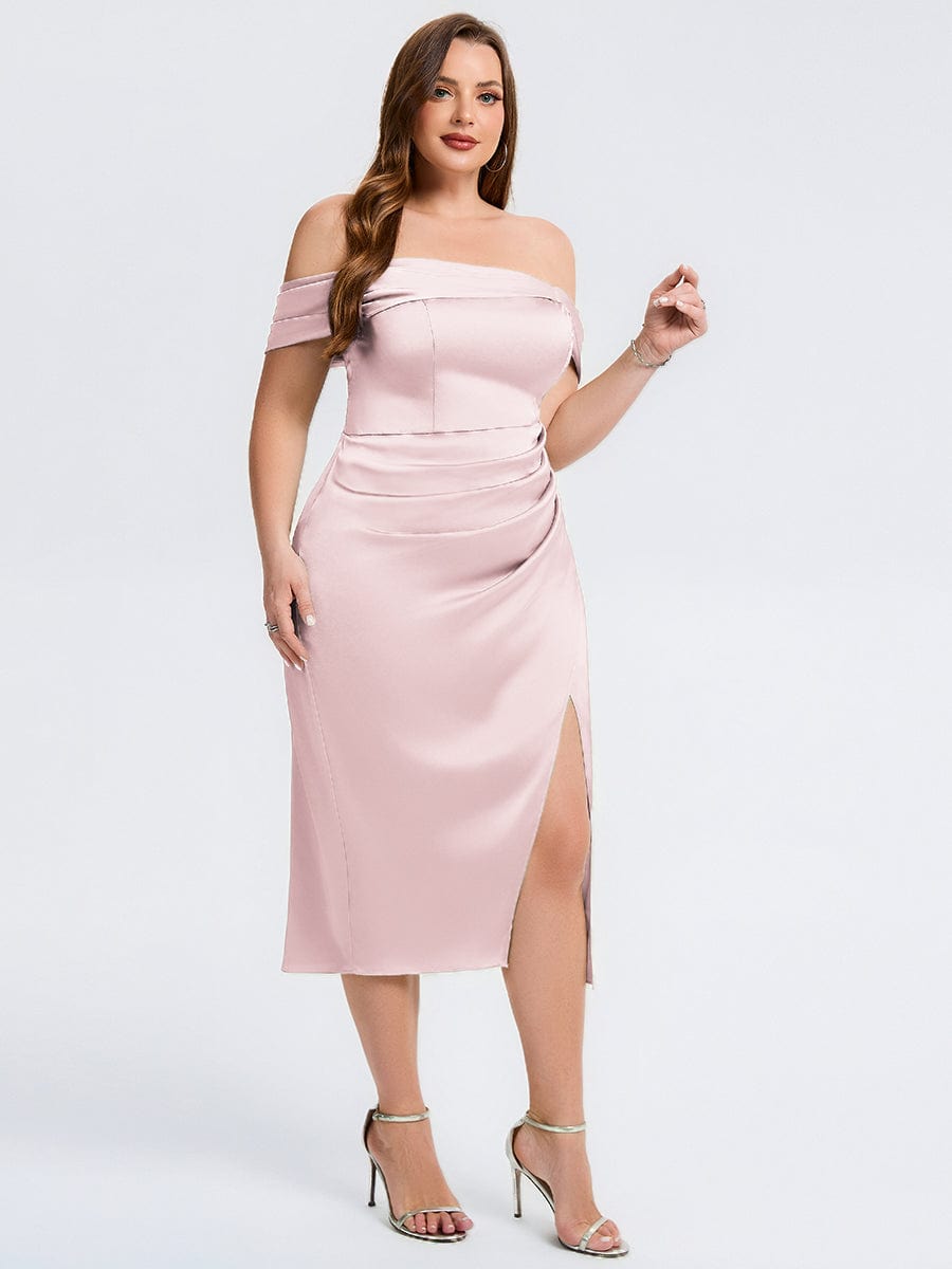 Plus Size Slit Satin Wedding Guest Dress #color_Pink