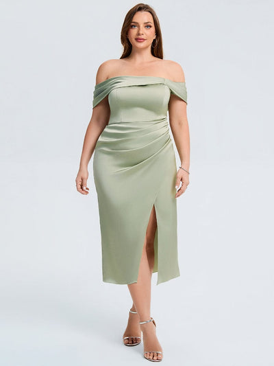 Plus Size Slit Satin Wedding Guest Dress #color_Sage Green