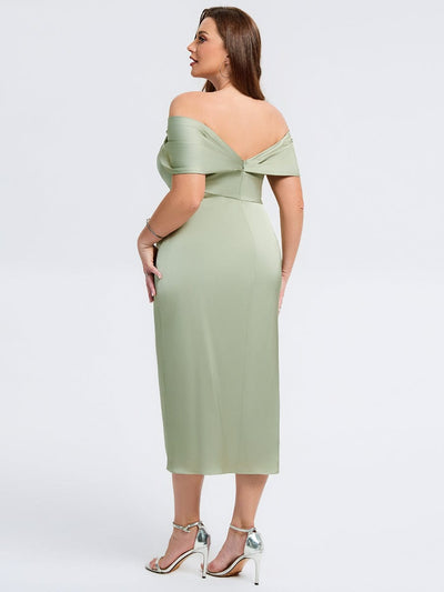 Plus Size Slit Satin Wedding Guest Dress #color_Sage Green