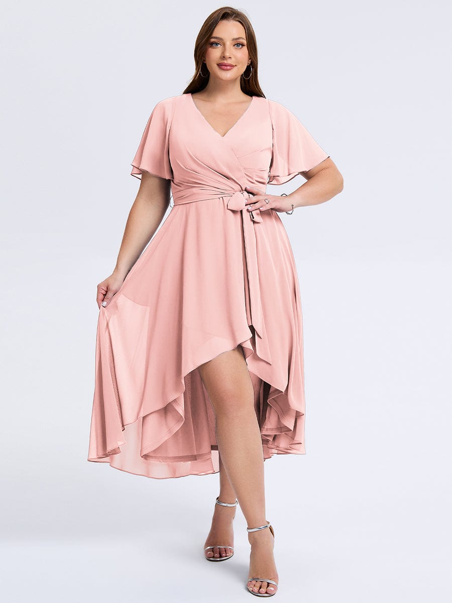 Plus Size Tie Knot Chiffon Wedding Guest Dress #color_Pink
