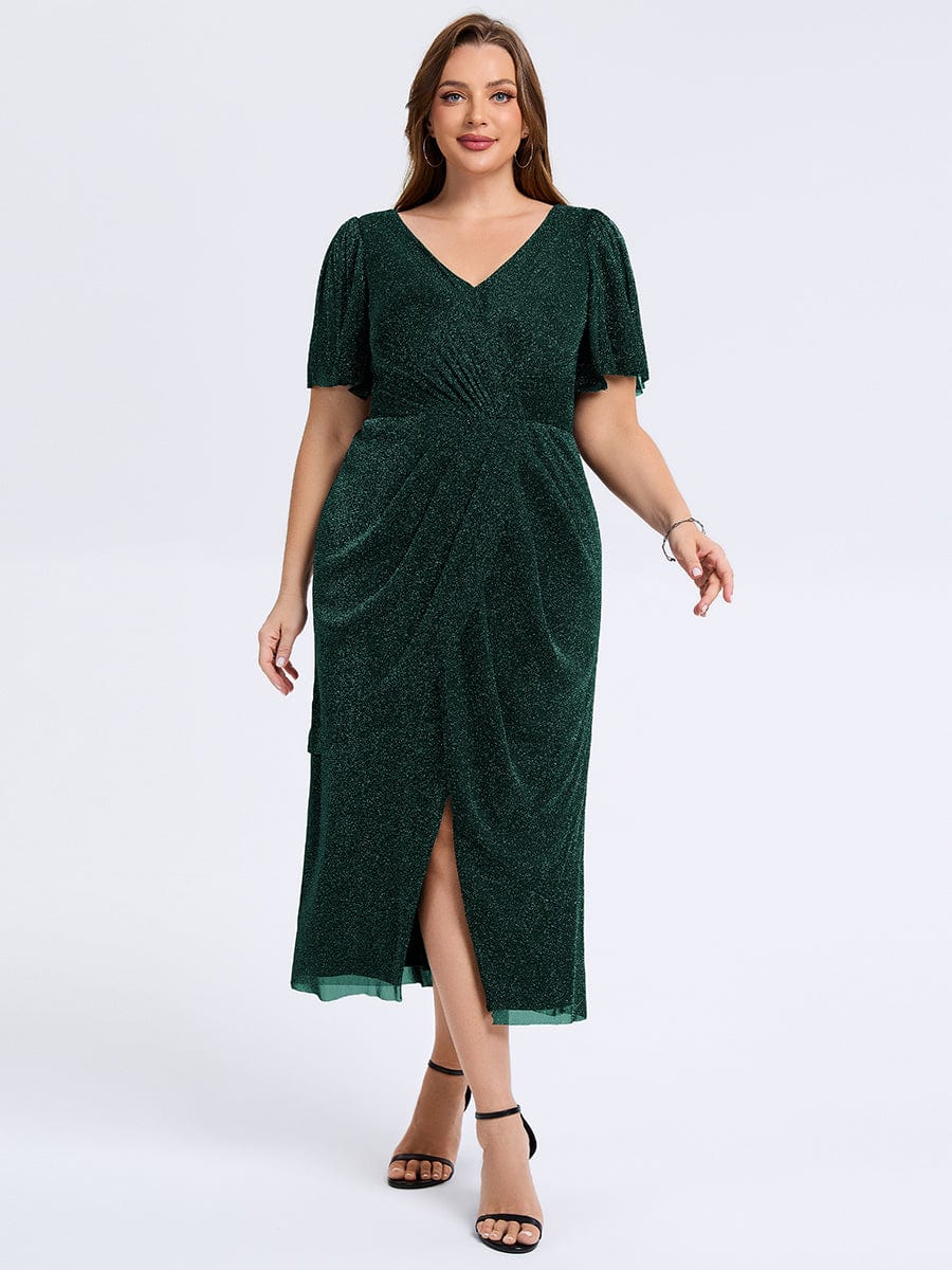 Plus Size Slit Mesh Wedding Guest Dress #color_Dark Green