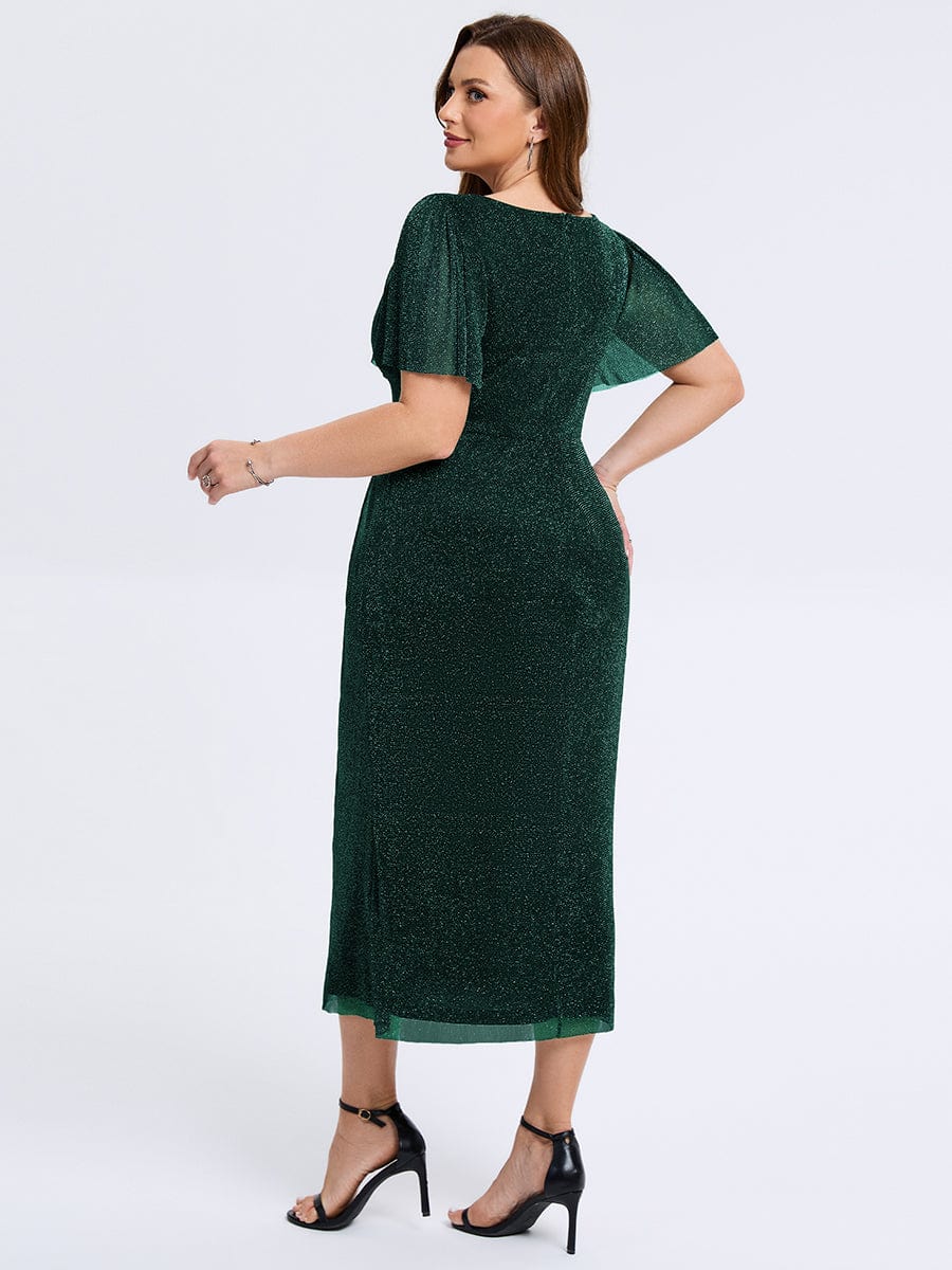 Plus Size Slit Mesh Wedding Guest Dress #color_Dark Green