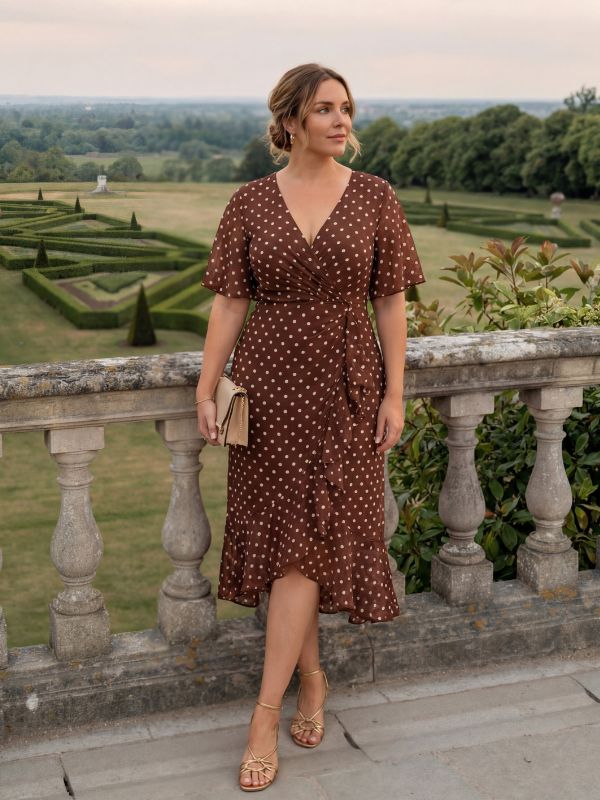 Plus Size Printed Mermaid Chiffon Wedding Guest Dress #color_Brown Polka Dots