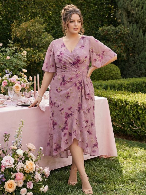 Ever-Pretty Plus Size Light Purple Print Floral Fall Formal Wedding Guest Dress with Sleeves