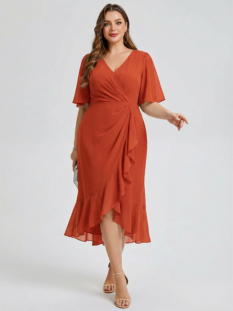 Plus Size Printed Mermaid Chiffon Wedding Guest Dress #color_Burnt Orange