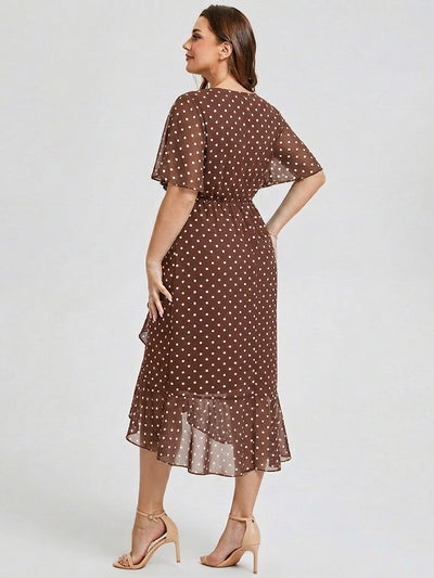 Plus Size Printed Mermaid Chiffon Wedding Guest Dress #color_Brown Polka Dots