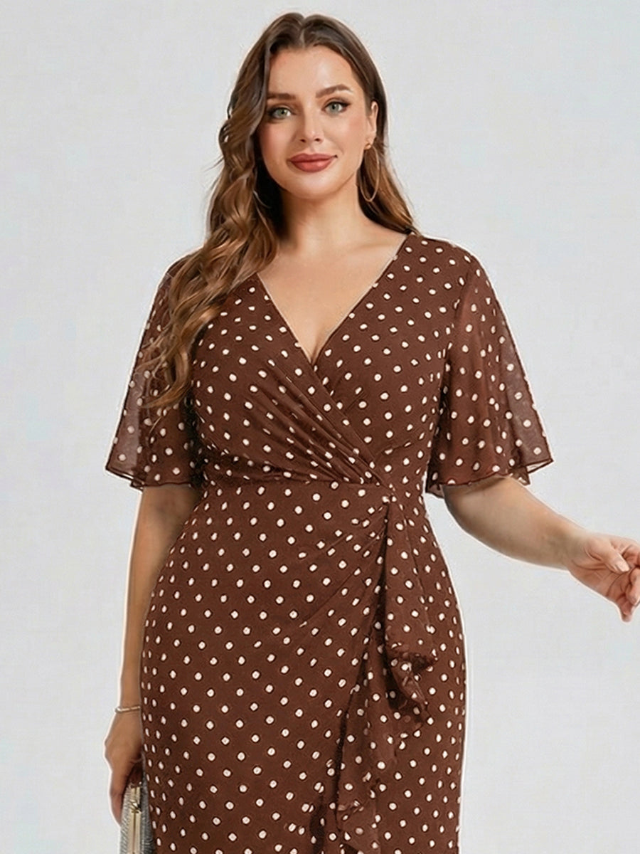 Plus Size Printed Mermaid Chiffon Wedding Guest Dress #color_Brown Polka Dots