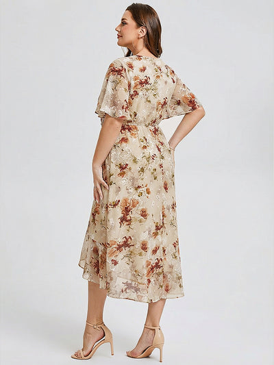 Plus Size Printed Bodycon V-Neck Midi Dress #color_Champagne Print