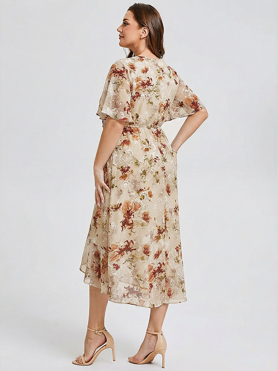 Plus Size Printed Mermaid Chiffon Wedding Guest Dress #color_Champagne Print