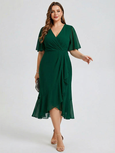 Plus Size Printed Mermaid Chiffon Wedding Guest Dress #color_Dark Green
