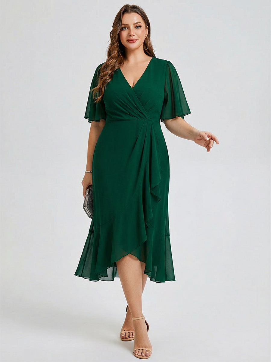 Plus Size Printed Mermaid Chiffon Wedding Guest Dress #color_Dark Green