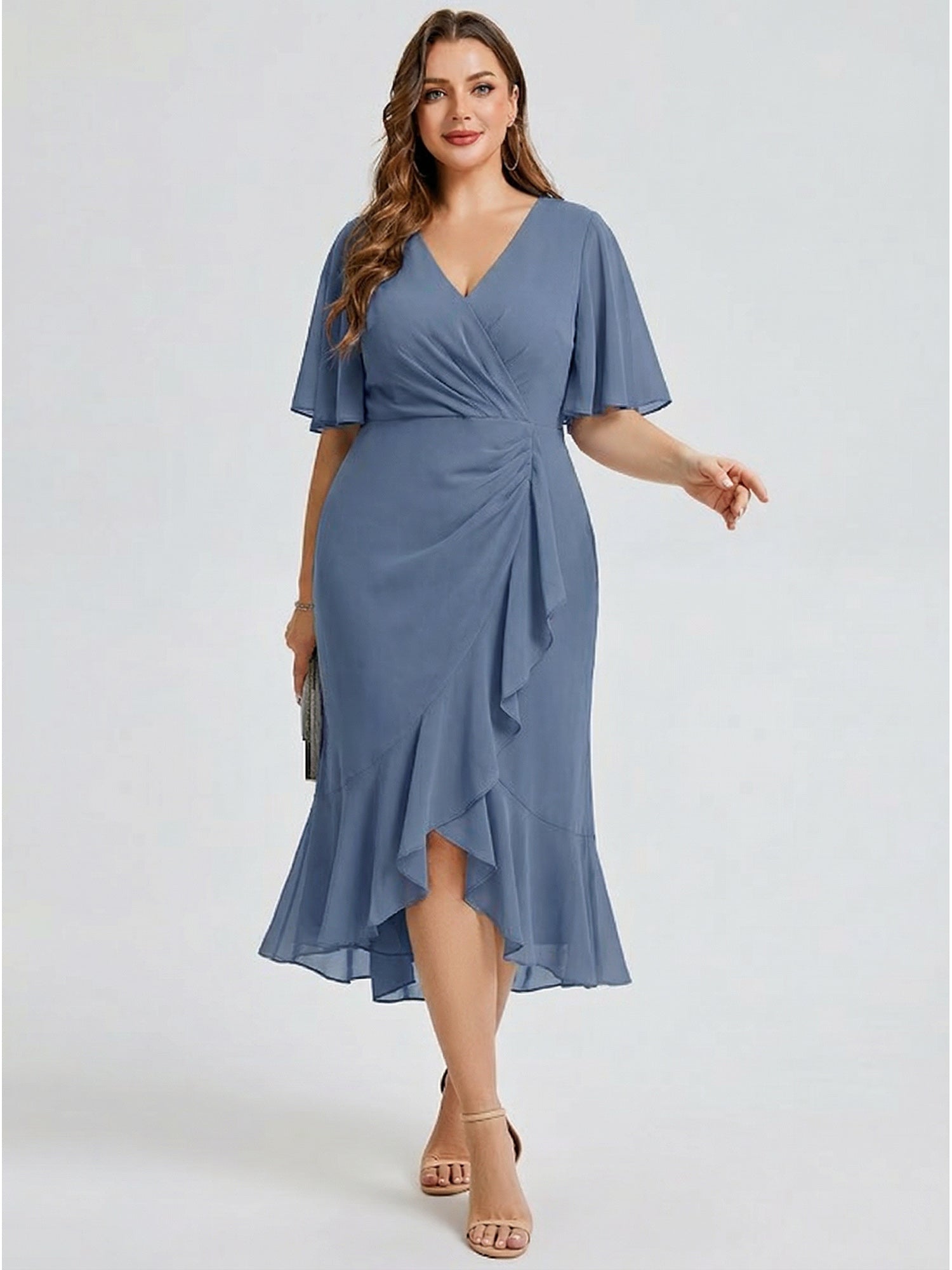 Plus Size Printed Mermaid Chiffon Wedding Guest Dress #color_Dusty Blue