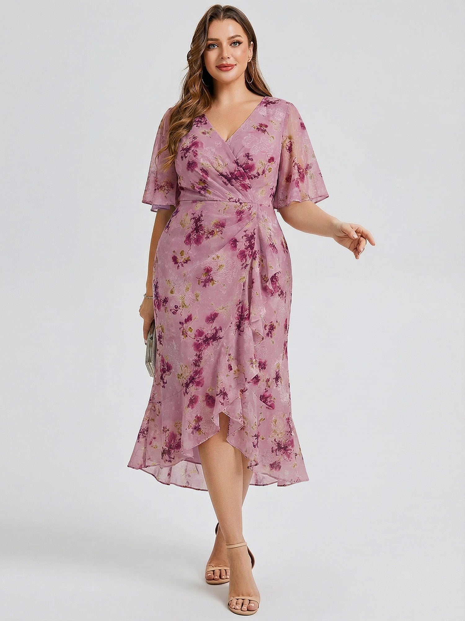 Plus Size Printed Mermaid Chiffon Wedding Guest Dress #color_Light Purple Print