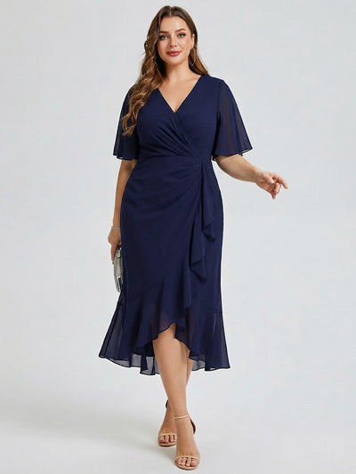 Plus Size Printed Mermaid Chiffon Wedding Guest Dress #color_Navy Blue