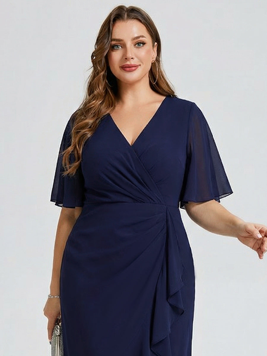 Plus Size Printed Mermaid Chiffon Wedding Guest Dress #color_Navy Blue