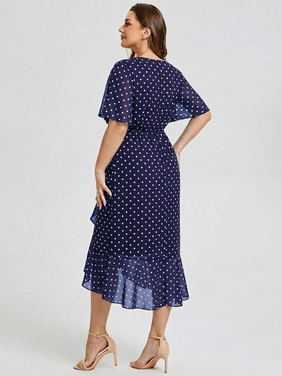 Plus Size Printed Mermaid Chiffon Wedding Guest Dress #color_Navy Blue Polka Dots