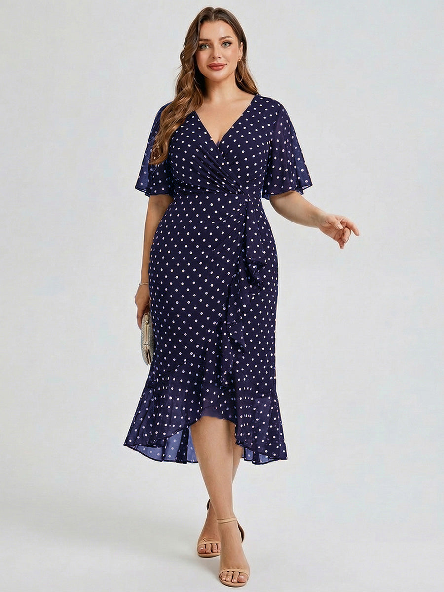 Plus Size Printed Mermaid Chiffon Wedding Guest Dress #color_Navy Blue Polka Dots