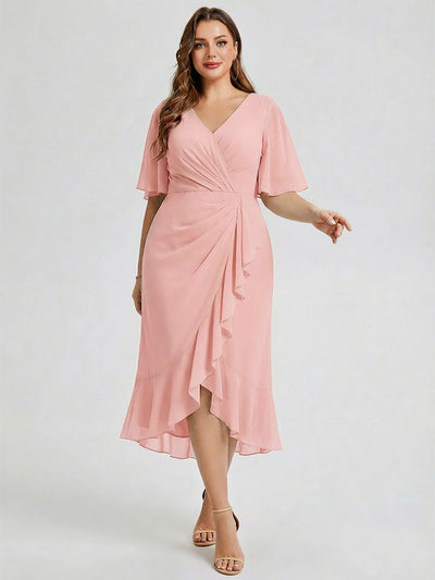 Plus Size Printed Mermaid Chiffon Wedding Guest Dress #color_Pink