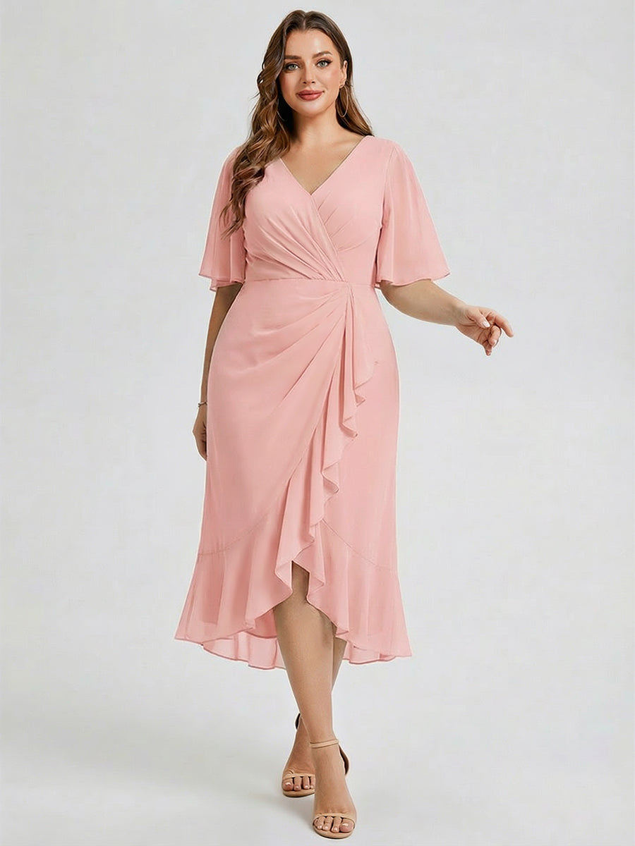 Plus Size Printed Mermaid Chiffon Wedding Guest Dress #color_Pink