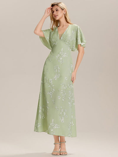 Printed Satin Drop Shoulder Sleeve Wedding Guest Dress #color_Vintage Primrose Celadon