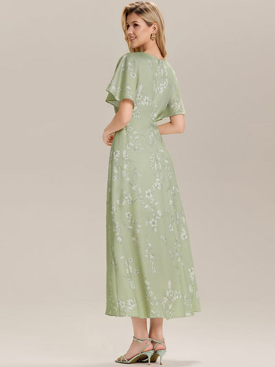 Printed Satin Drop Shoulder Sleeve Wedding Guest Dress #color_Vintage Primrose Celadon