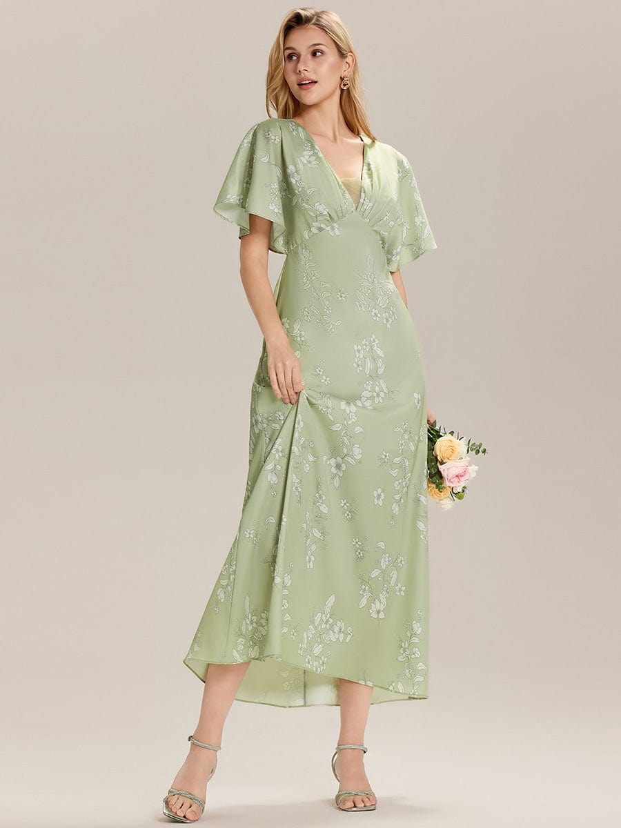 Printed Satin Drop Shoulder Sleeve Wedding Guest Dress #color_Vintage Primrose Celadon