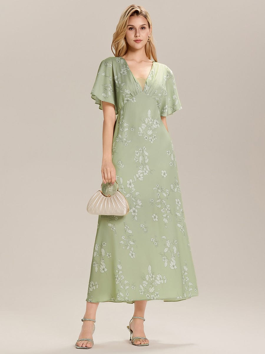 Printed Satin Drop Shoulder Sleeve Wedding Guest Dress #color_Vintage Primrose Celadon