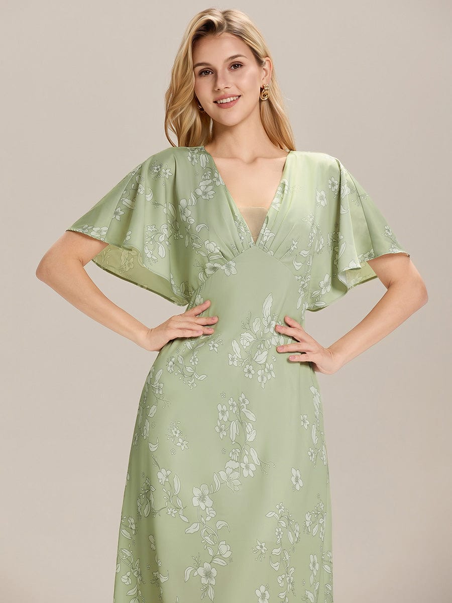 Printed Satin Drop Shoulder Sleeve Wedding Guest Dress #color_Vintage Primrose Celadon