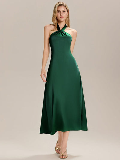 Backless Satin Sleeveless Wedding Guest Dress #color_Dark Green