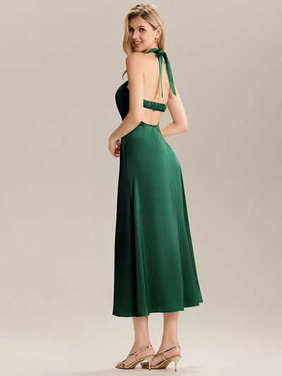 Backless Satin Sleeveless Wedding Guest Dress #color_Dark Green
