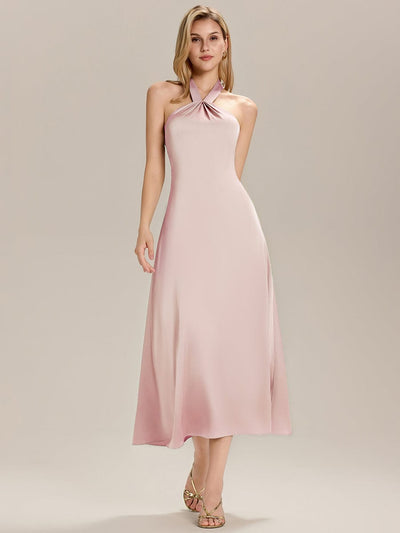 Backless Satin Sleeveless Wedding Guest Dress #color_Pink