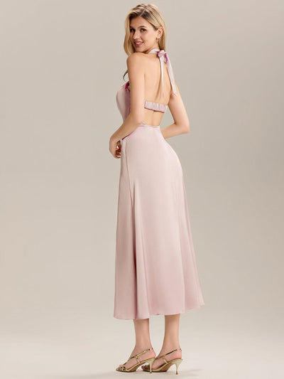 Backless Satin Sleeveless Wedding Guest Dress #color_Pink