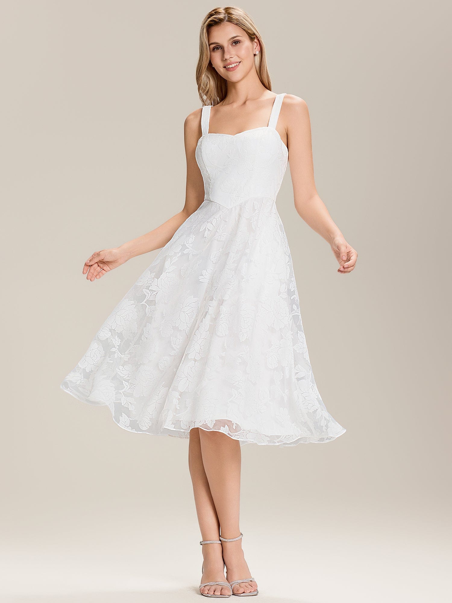 Floral Print Mesh Wedding Guest Dress With Pocket #color_White