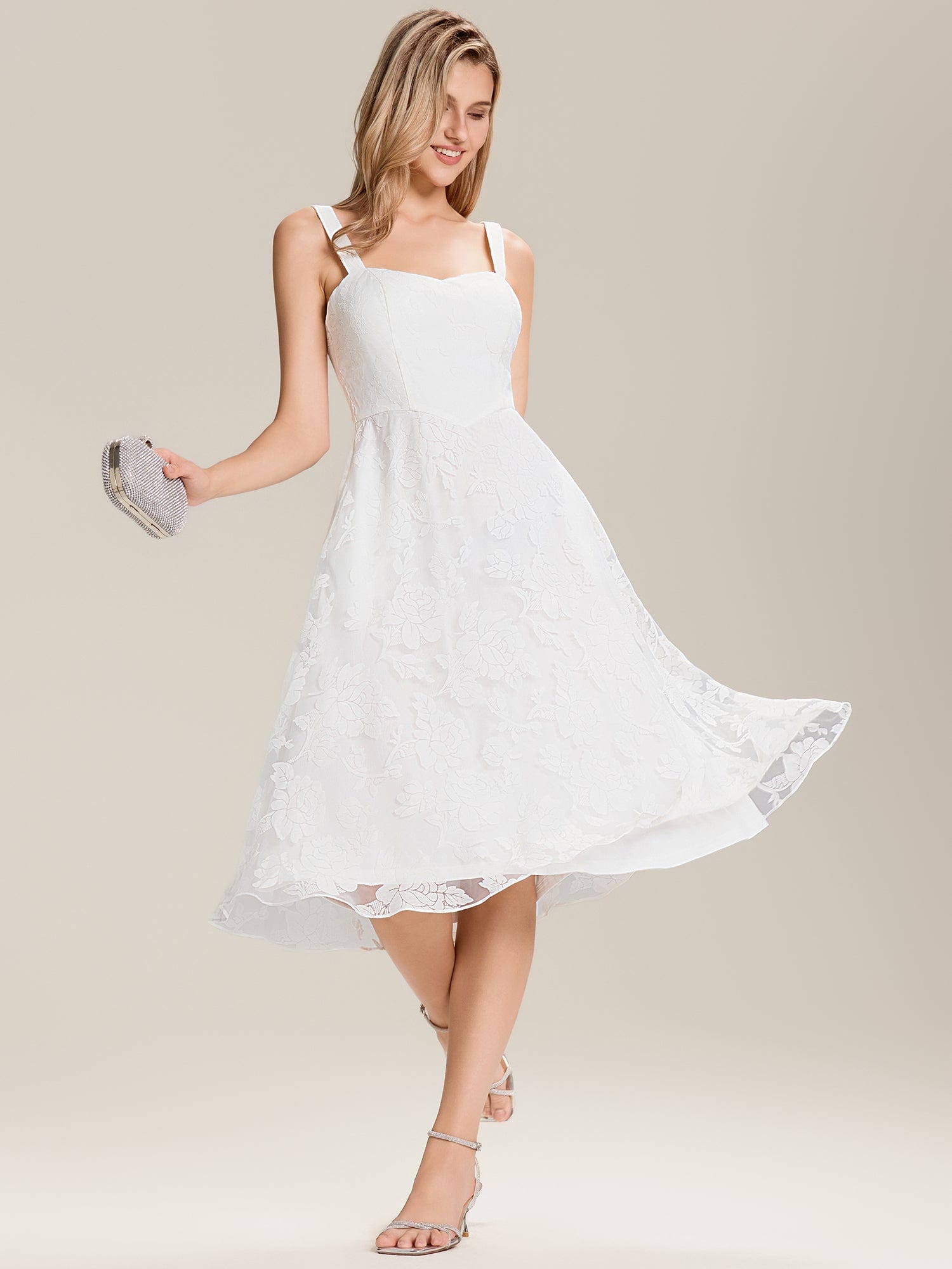 Floral Print Mesh Wedding Guest Dress With Pocket #color_White