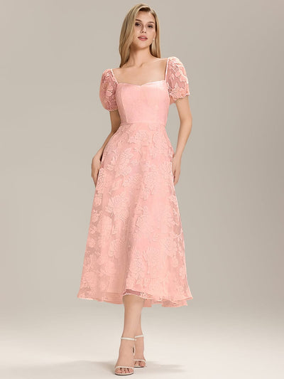 Chiffon Puff Sleeve A-Line Wedding Guest Dress #color_Pink