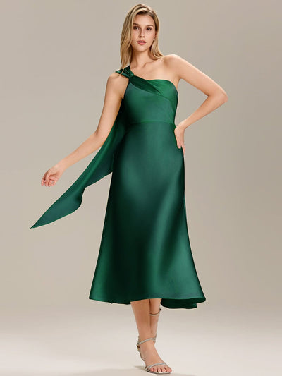 Satin Sleeveless Wrap Wedding Guest Dress #color_Dark Green