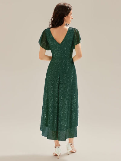 Pleated Glitter Ruffle Sleeve Dress #color_Dark Green