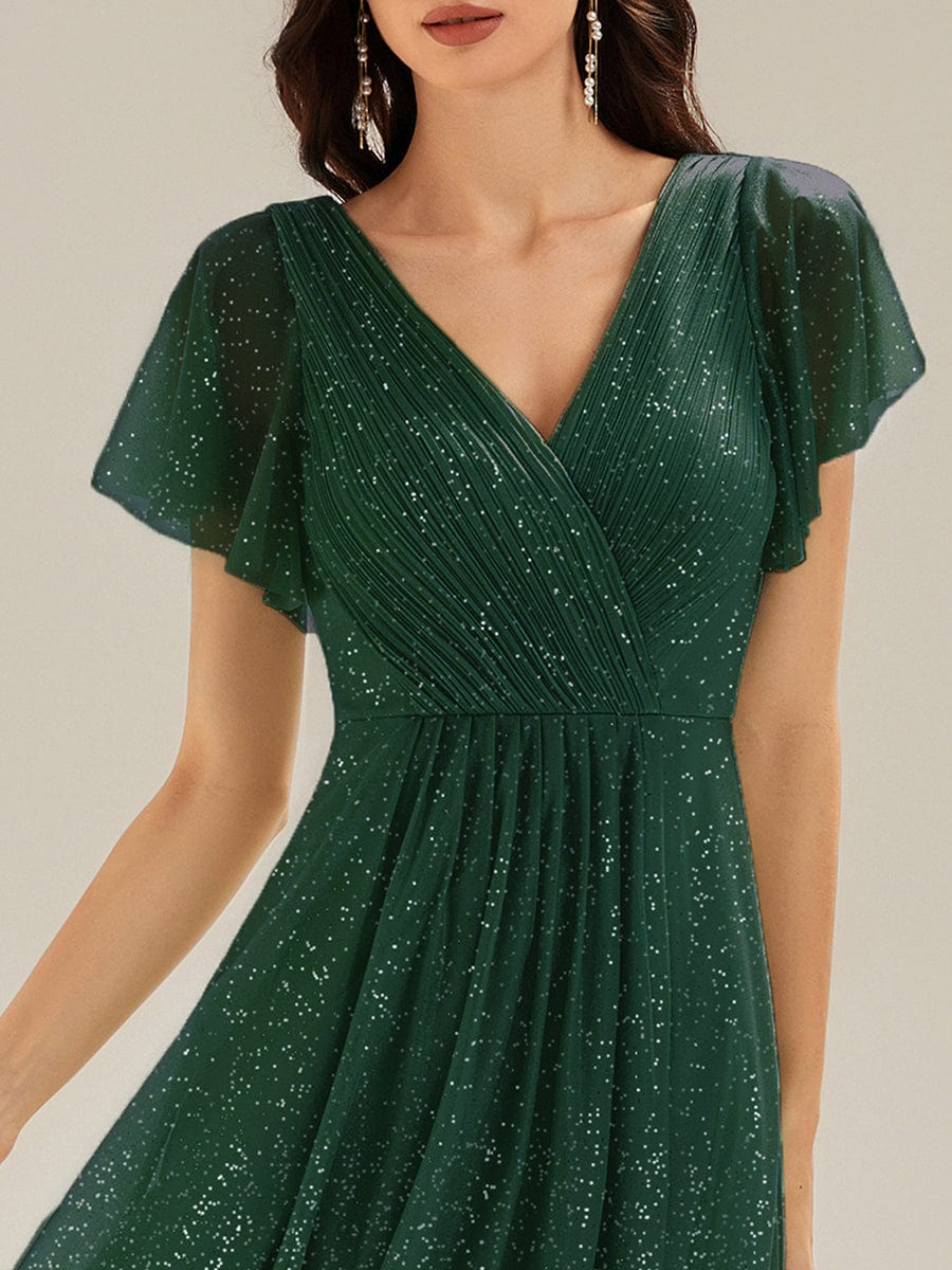 Pleated Glitter Ruffle Sleeve Dress #color_Dark Green