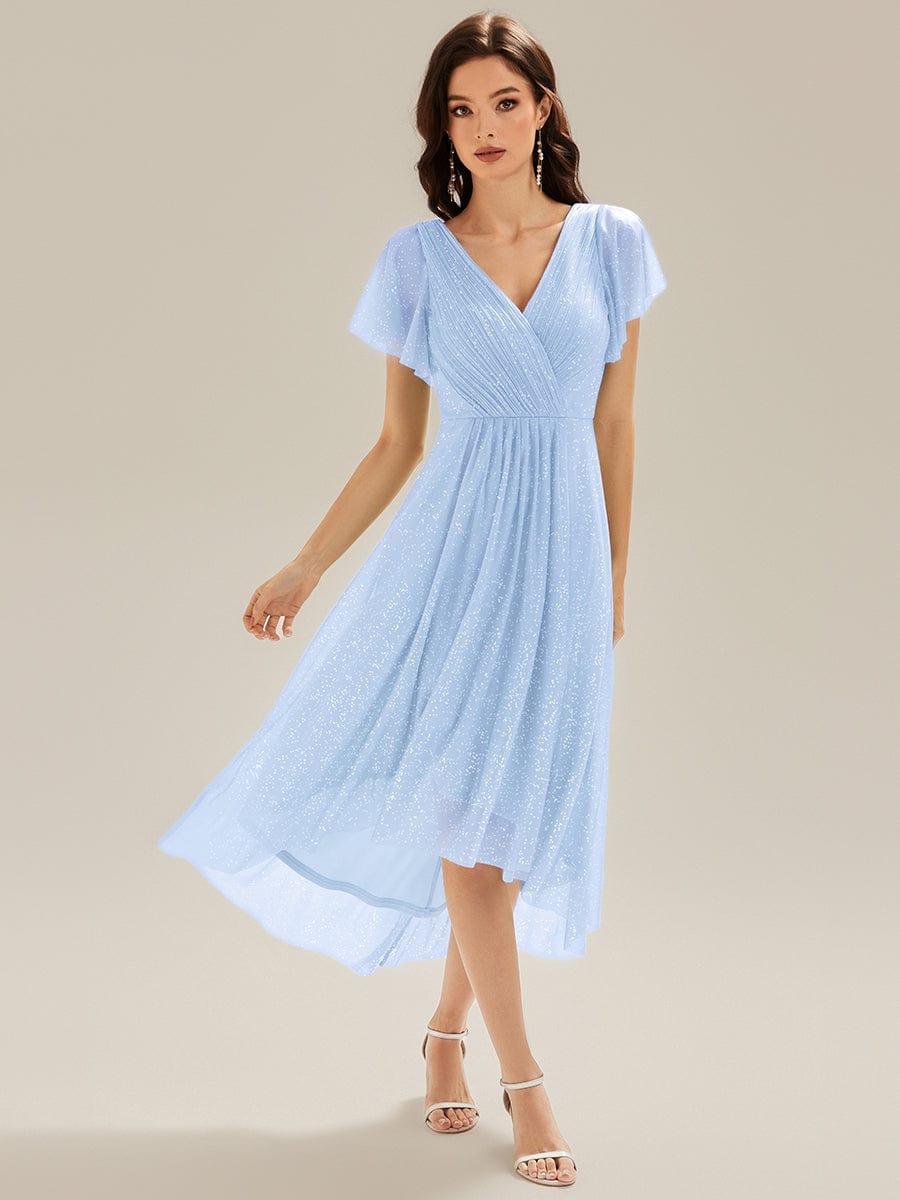 Pleated Glitter Ruffle Sleeve Dress #color_Ice Blue