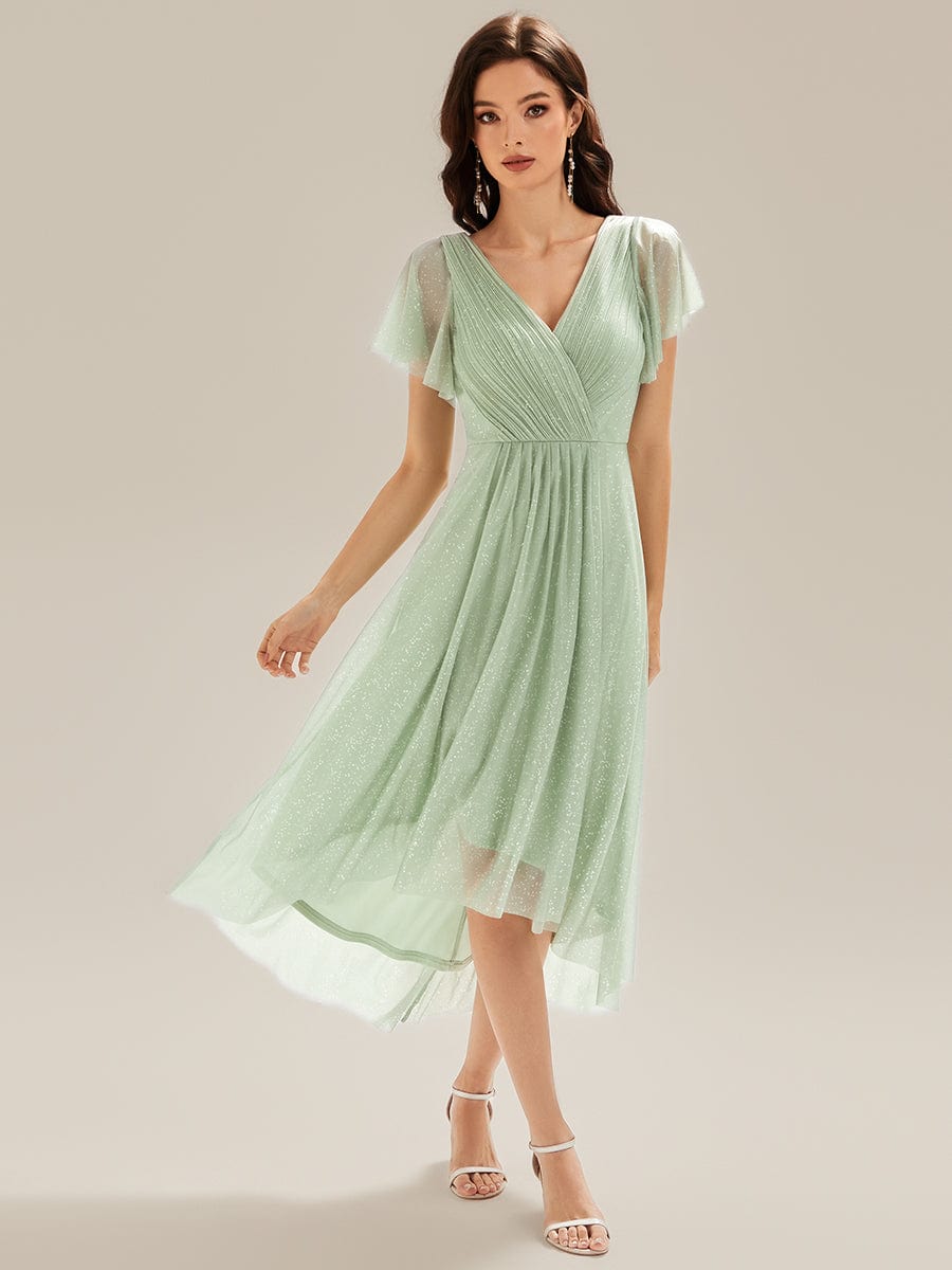 Pleated Glitter Ruffle Sleeve Dress #color_Mint Green