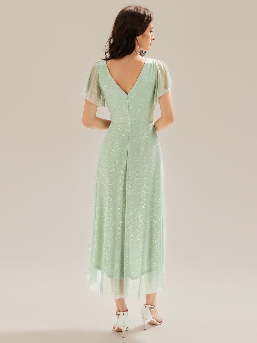 Pleated Glitter Ruffle Sleeve Dress #color_Mint Green