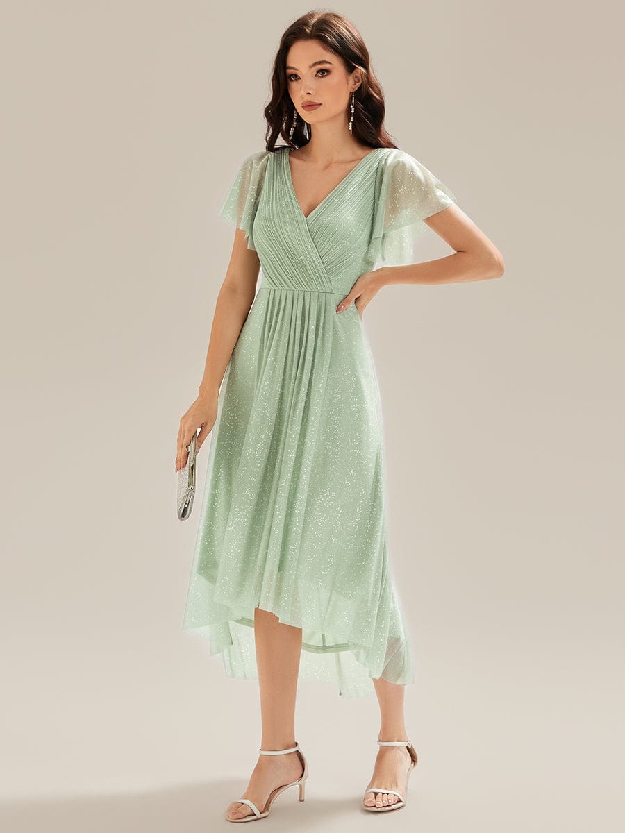 Pleated Glitter Ruffle Sleeve Dress #color_Mint Green