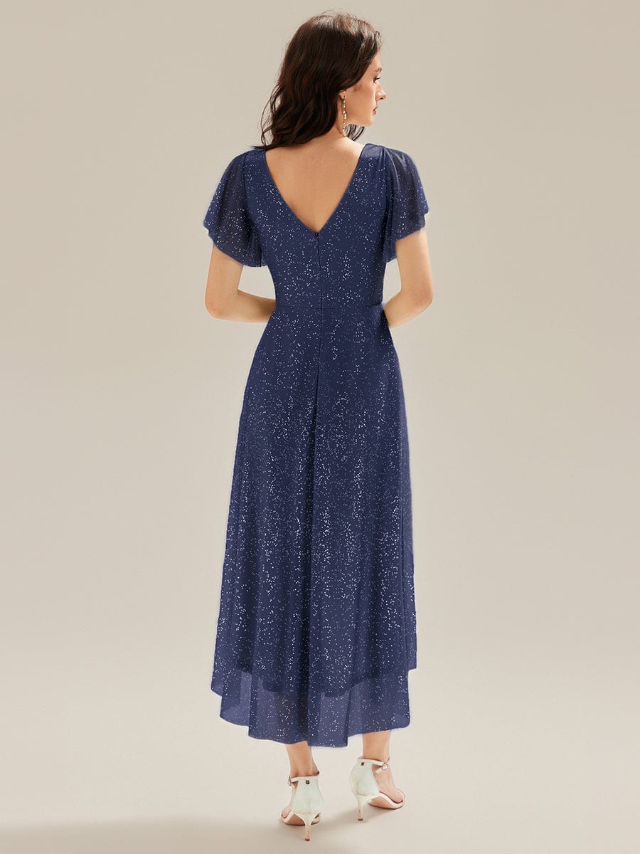 Pleated Glitter Ruffle Sleeve Dress #color_Navy Blue
