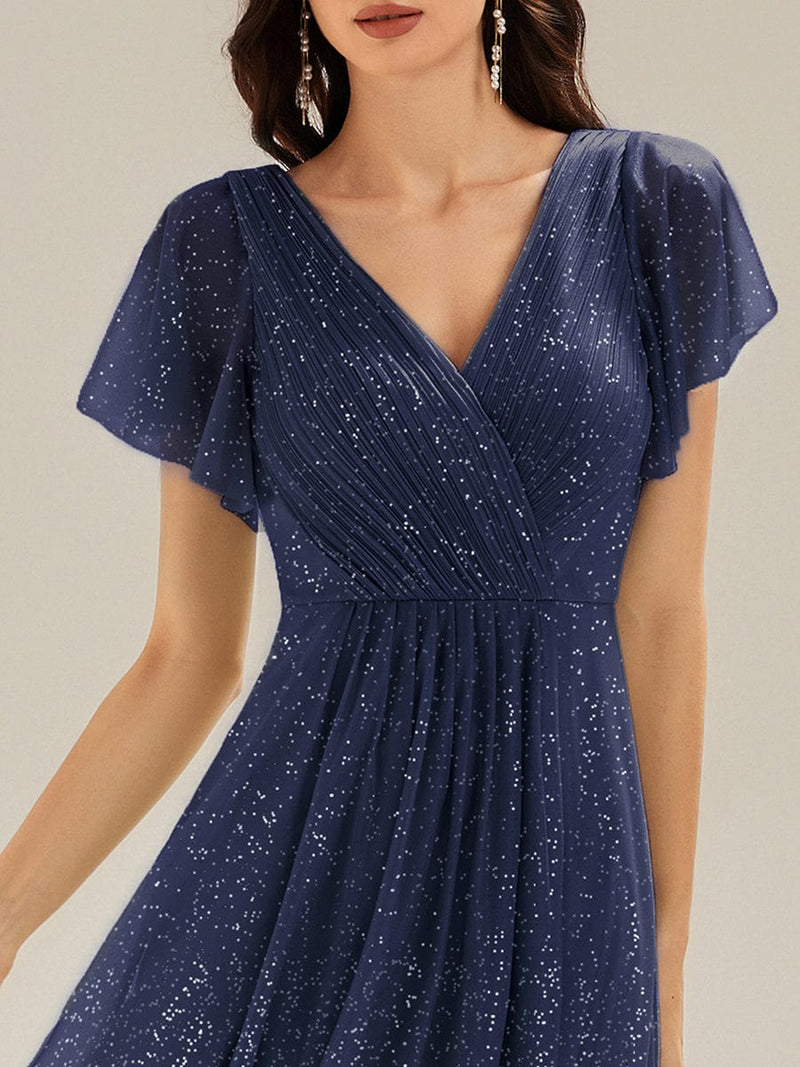 Flutter Sleeve Glitter Midi Dress for Wedding Guests & Parties