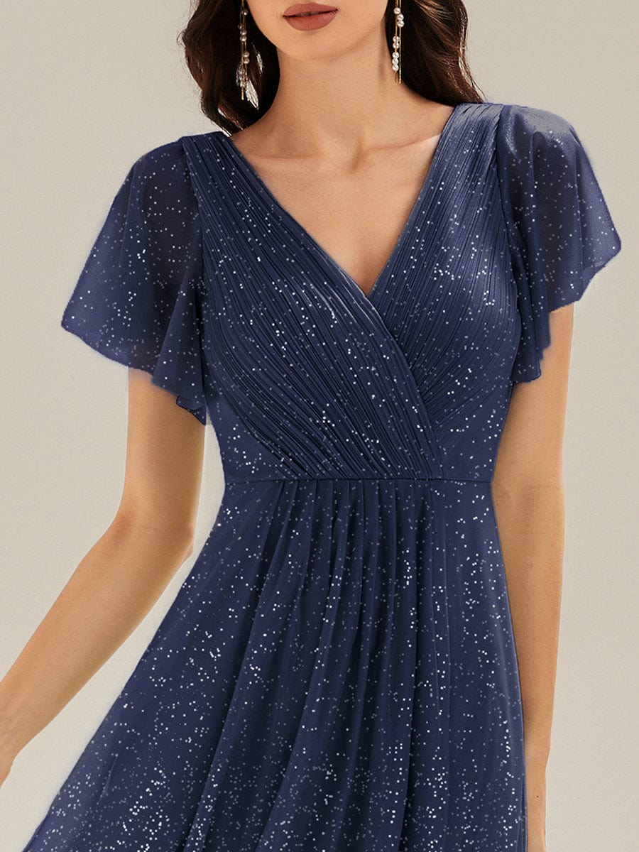 Pleated Glitter Ruffle Sleeve Dress #color_Navy Blue