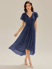 Pleated Diamond Linen Ruffle Sleeve Wedding Guest Dress
