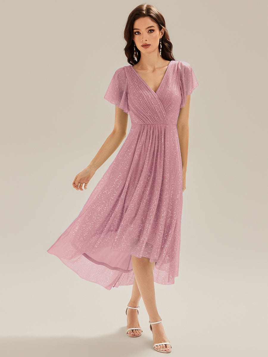 Pleated Glitter Ruffle Sleeve Dress #color_Purple Orchid