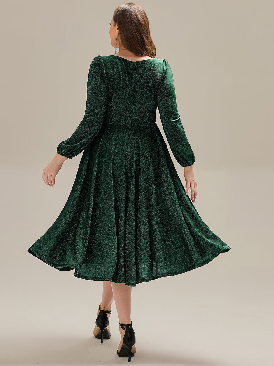 Glitter long Sleeve A-Line Midi Dress With Pocket #color_Dark Green
